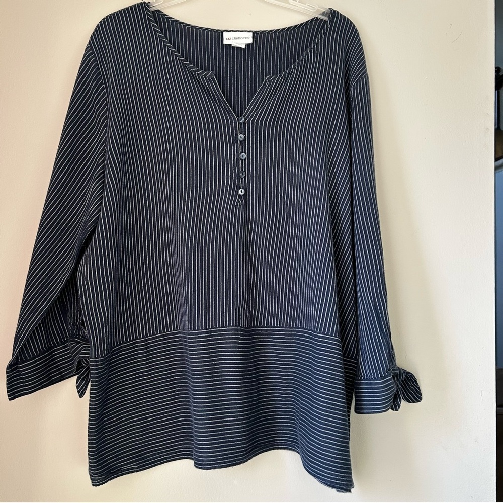 Liz Claiborne Cotton Blue White Stripped Contrast Hem Tunic Top Size XL